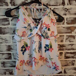 Beachsissi XL Tankini Top White Tropical Flowers Tie Neckline